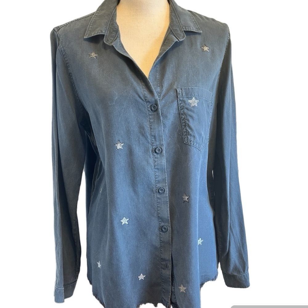 cloth & stone Top Shirt Chambray Blue with Scattered Silver Stars ANTHRO Medium